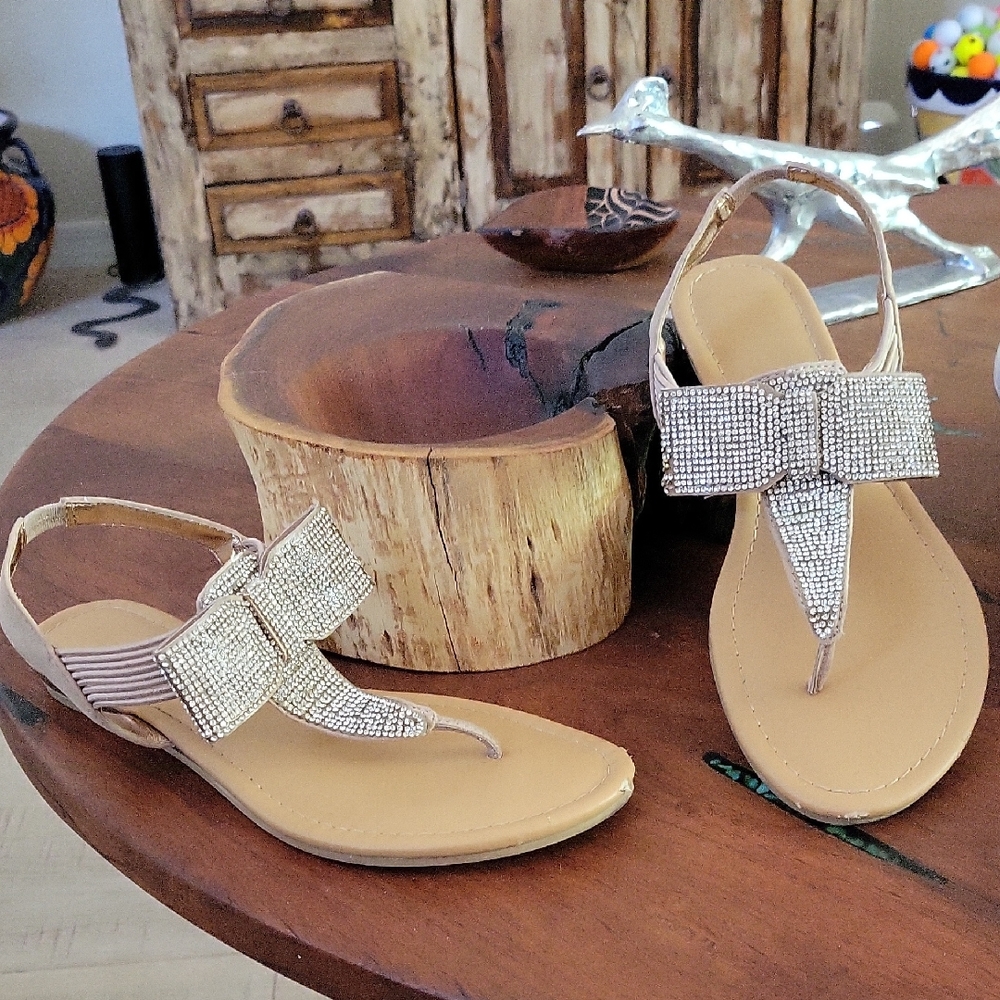 Material Girl Tan Sandals with Glittering Bow